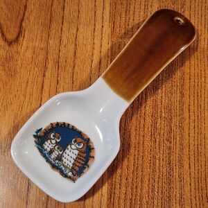 Vintage Owl Spoon Rest Ceramic Retro Kitchen Decor Brown Blue Owls Design VTG